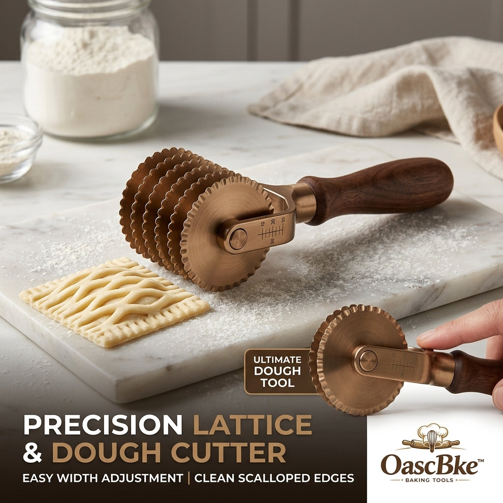 OascBke™ Premium Adjustable Multi-Wheel Pastry Cutter | Professional Lattice Dough Cutter & Ravioli Wheel | Fluted Scalloped Edge Pasta Cutter with Ergonomic Walnut Handle | Elegant Brass Baking Tool for Pies, Tarts & Pastries