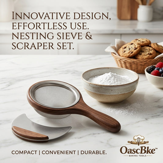 🌳 OascBke™ Premium Nesting Sieve & Dough Scraper Set | Stainless Steel Fine Mesh Flour Sifter with Ergonomic Walnut Wood Handle & Curved Bench Scraper | Compact Baking Tools for Bread, Pastries, Powdered Sugar