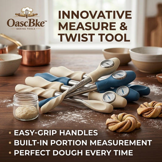 OascBke™ Innovative Measure & Twist Dough Tool - Professional Stainless Steel Pastry Portioner and Twister with Built-in Measurement Dial & Easy-Grip Ergonomic Handle - Perfect for Cinnamon Rolls, Pretzels, Breads, and Pastries