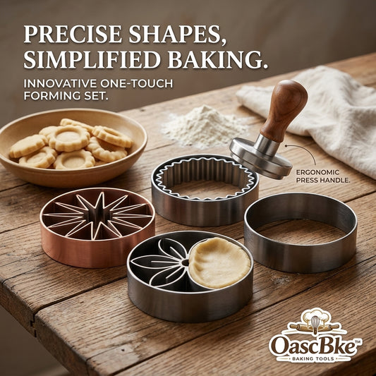 OascBke™ Premium Cookie Cutter & Pastry Press Set - 5-Piece Innovative One-Touch Dough Mold Set with Ergonomic Wooden Handle, 4 Interchangeable Stainless Steel Ring Cutters (Star, Flower, Fluted, Round) for Biscuits, Tarts, and Baking
