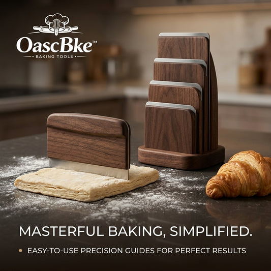 OascBke™ 5-Piece Precision Dough Scraper & Pastry Guide Set with Solid Walnut Storage Block | Premium Stainless Steel Bench Knife, Dough Cutter & Thickness Leveler for Croissants, Pies, Biscuits & Bread | Luxury Baker's Gift Set