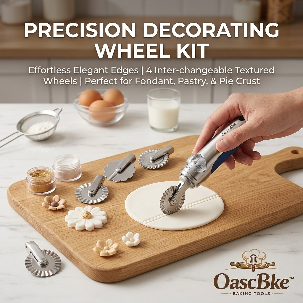 OascBke™ Precision Decorating Wheel Kit - 4 Interchangeable Textured Pastry Wheels for Fondant, Pie Crust, Cookie Dough, and Sugarcraft - Professional Edge Embossing and Cutting Tool with Ergonomic Comfort Grip Handle