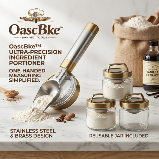 OascBke™ Ultra-Precision Ingredient Portioner and Glass Jar Set - Premium Stainless Steel & Brass Measuring Scoop with 3 Reusable Storage Jars for Baking, Flour, Sugar, and Spices - One-Handed Baking Tool